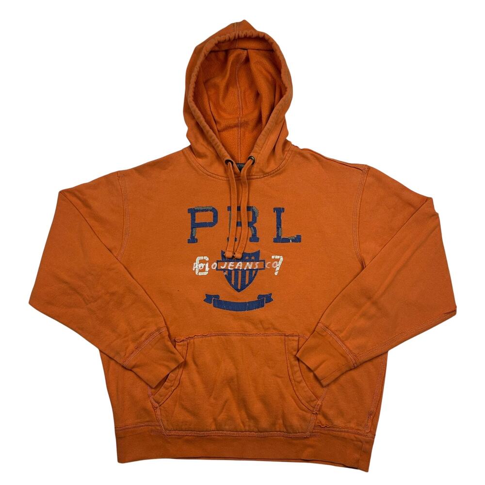 Vintage Polo Jeans Co Ralph Lauren Hoodie Mens M Orange Distressed Spellout Y2K